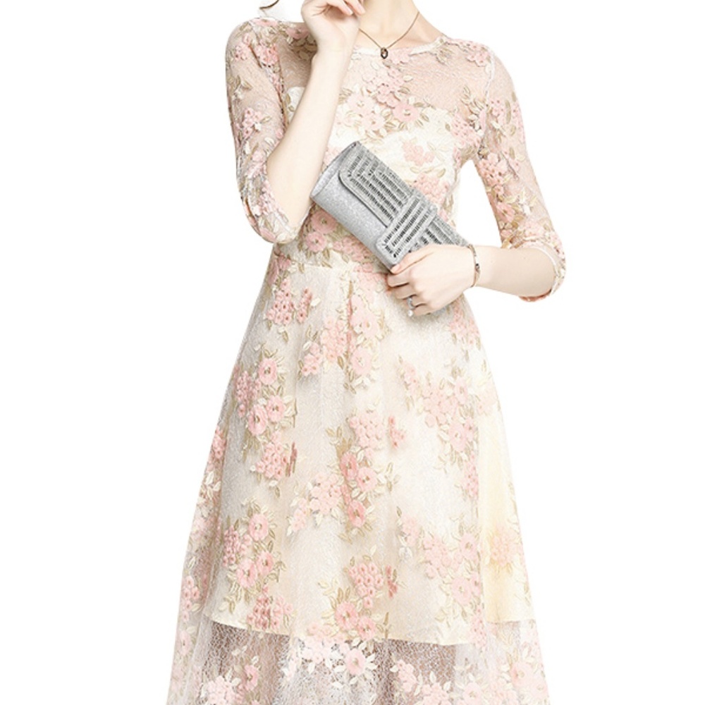 Apricot Embroidered Floral Lace Midi Dress